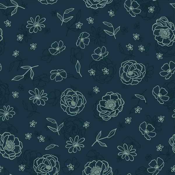 Cute Hand Drawn Lineart Flowers Seamless Pattern Floral Background Great — стоковый вектор