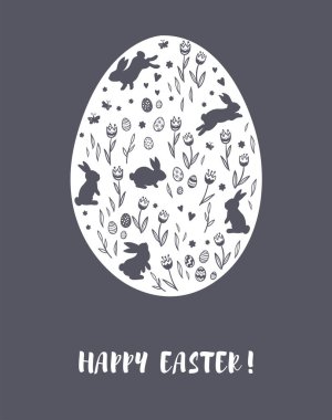 Paskalya tasarımı, tavşan, lale, yumurta ve kelebeklerle süslü Paskalya yumurtası. Kart Tasarımları, Pankartlar, Duvar kağıtları - vektör tasarımı için harika