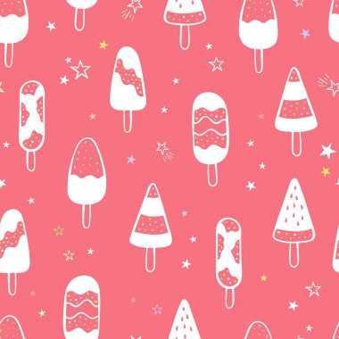 Eğlenceli el çizimleri, dikişsiz dondurma kalıpları, karalama buzlu şeker arka planı, yaz temalı kumaşlar, afişler, duvar kağıtları, ambalajlar - vektör tasarımı -