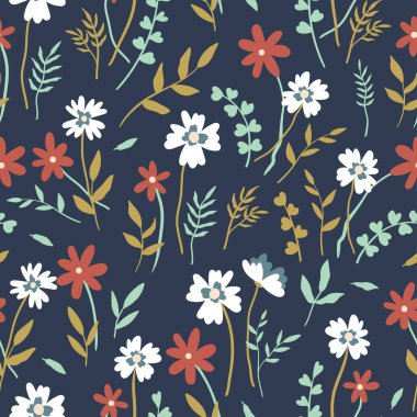 Sevimli el çizimi, çiçeksiz desen, güzel çiçek çayırı arka plan, bahar ya da yaz tekstil ürünleri, afişler, duvar kağıtları, ambalajlama - vektör tasarımı