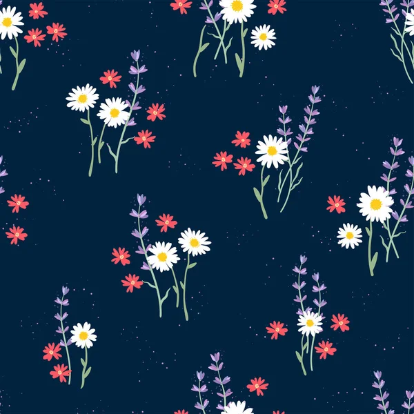 Niedliche Handgezeichnete Florale Nahtlose Muster Schöne Blumenwiese Hintergrund Ideal Für — Stockvektor