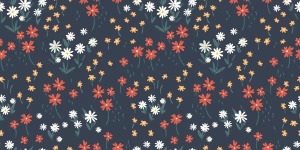 Dessiné Main Motif Sans Couture Champ Fleurs Ditsy Fond Floral — Image vectorielle