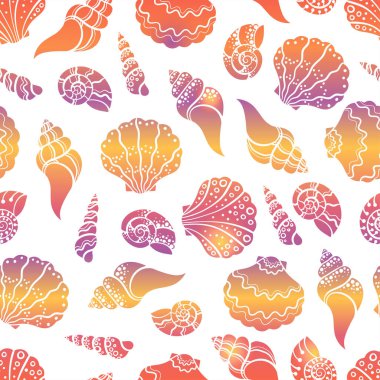 Değişik kabukları, deniz tarakları ve salyangozları olan taze renksiz desen - su altında canlı, okyanus temaları için harika, plaj kumaşları, yaz tekstili veya arka plan, duvar kağıtları - vektör