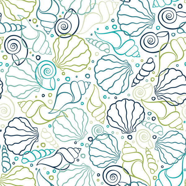 Fresh colorful seamless pattern with various shells, clams and snails - vibrant under water background, great for ocean themes, beach fabrics, summer textiles or background, wallpapers - vector