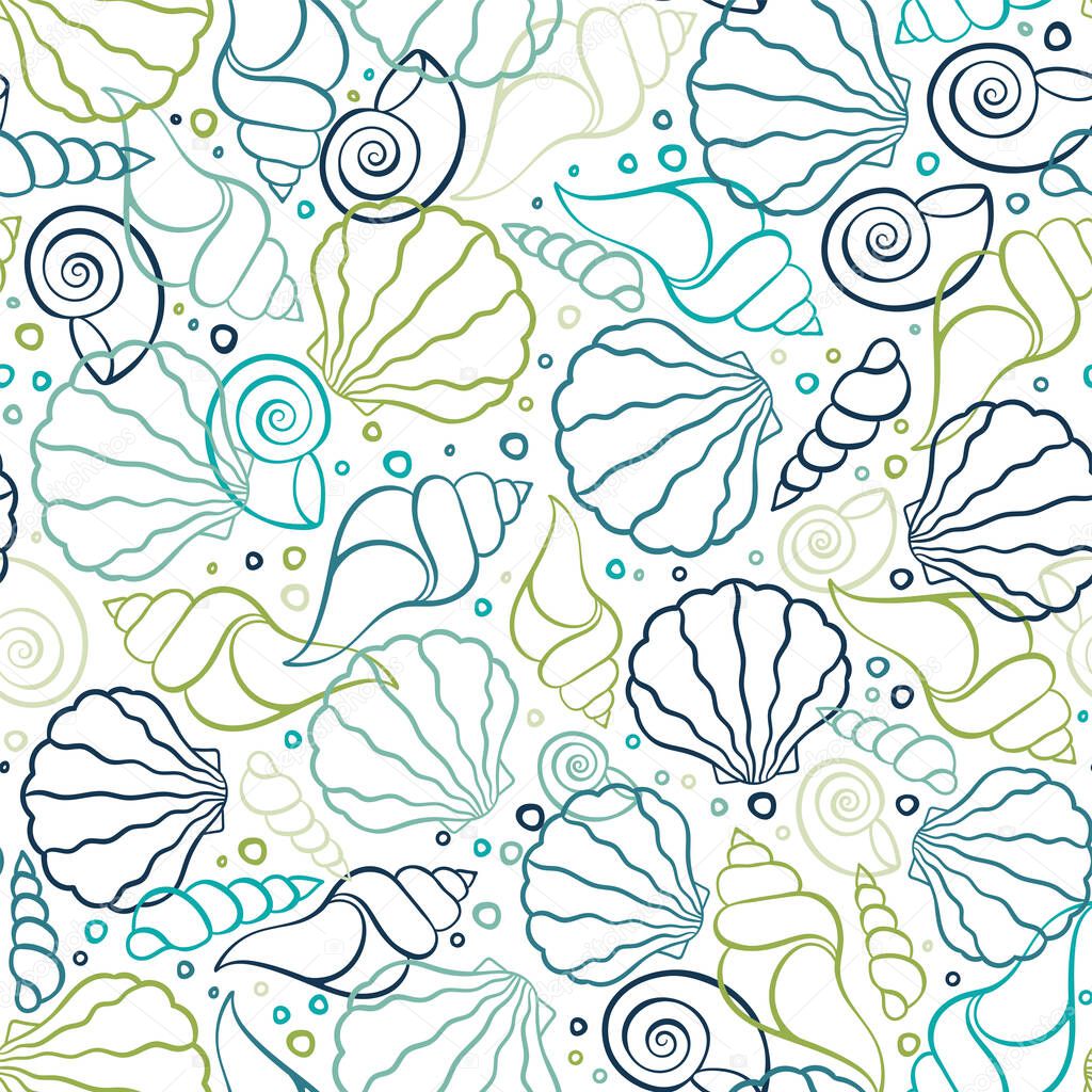 Fresh colorful seamless pattern with various shells, clams and snails - vibrant under water background, great for ocean themes, beach fabrics, summer textiles or background, wallpapers - vector