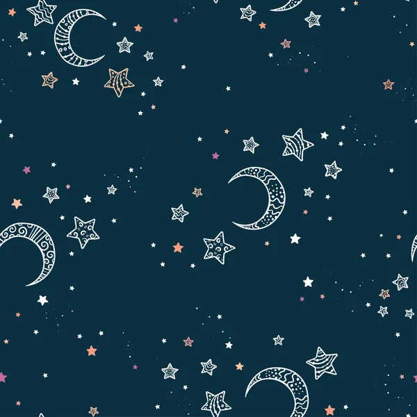 Cute Hand Drawn Night Sky Seamless Pattern Ornate Stars Moons — Stock Vector