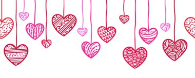 Sevimli el çizimi yatay olmayan karalama kalpler çelenkler, asılı kalpler, Sevgililer Günü için harika tasarımlar, afişler, duvar kağıtları - vektör tasarımı