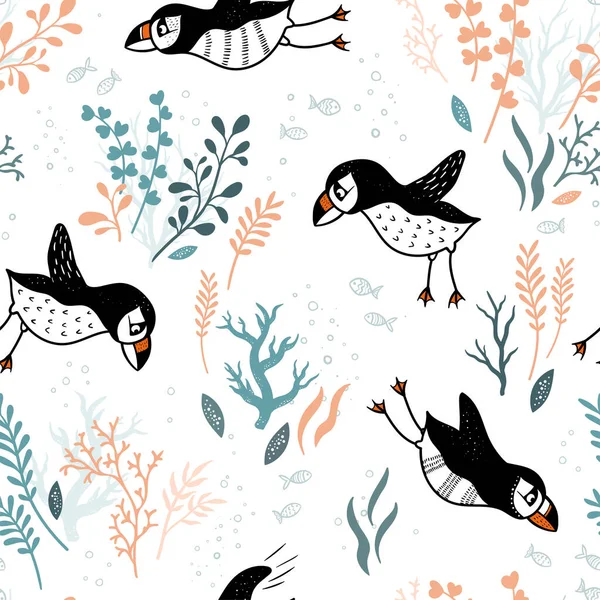 Cute Hand Drawn Puffin Seamless Pattern Lovely Doodle Birds Background — Stock Vector
