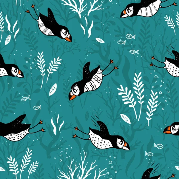 Cute Hand Drawn Puffin Seamless Pattern Lovely Doodle Birds Background — Stock Vector