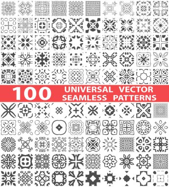 100 evrensel farklı vektör Dikişsiz desen (döşeme). Sonsuz doku duvar kağıdı, desen dolgularını, web sayfası arka planı, yüzey dokuları için kullanılabilir. Tek renkli süsler kümesi.