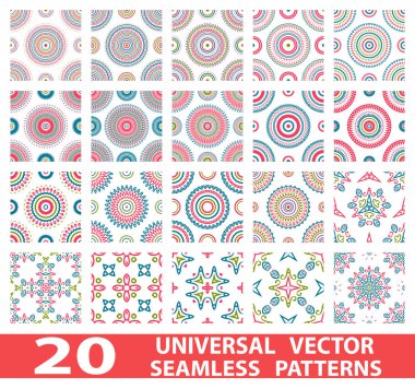 20 evrensel farklı vektör Dikişsiz desen (döşeme). Sonsuz doku duvar kağıdı, desen dolgularını, web sayfası arka planı, yüzey dokuları için kullanılabilir. Modern tasarım süsleme ayarla