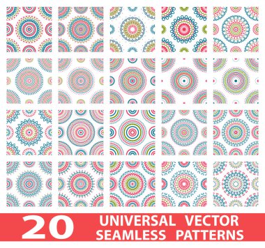 20 evrensel farklı vektör Dikişsiz desen (döşeme). Sonsuz doku duvar kağıdı, desen dolgularını, web sayfası arka planı, yüzey dokuları için kullanılabilir. Modern tasarım süsleme ayarla
