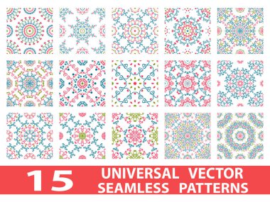 15 evrensel farklı vektör Dikişsiz desen (döşeme). Sonsuz doku duvar kağıdı, desen dolgularını, web sayfası arka planı, yüzey dokuları için kullanılabilir. Modern tasarım süsleme ayarla
