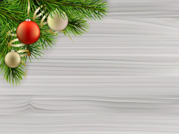 Çam ağacı dalı Noel topları Beyaz ahşap — Stok Vektör