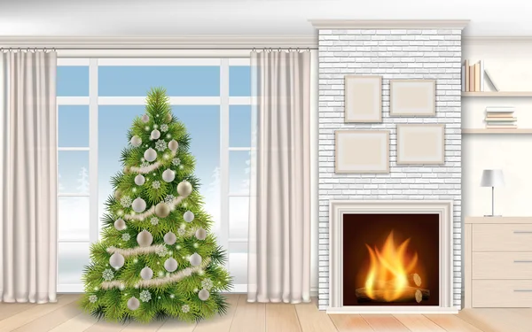 Kerst modern interieur met open haard en fir tree — Stockvector