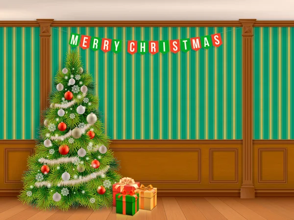 Árbol de Navidad en el gabinete con paneles de madera — Vector de stock