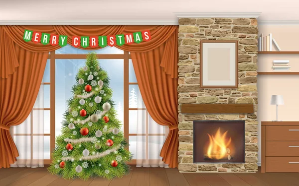 Living room with fireplace cristmas tree — Stock Vector