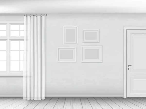 Interior blanco con ventana y puerta — Vector de stock