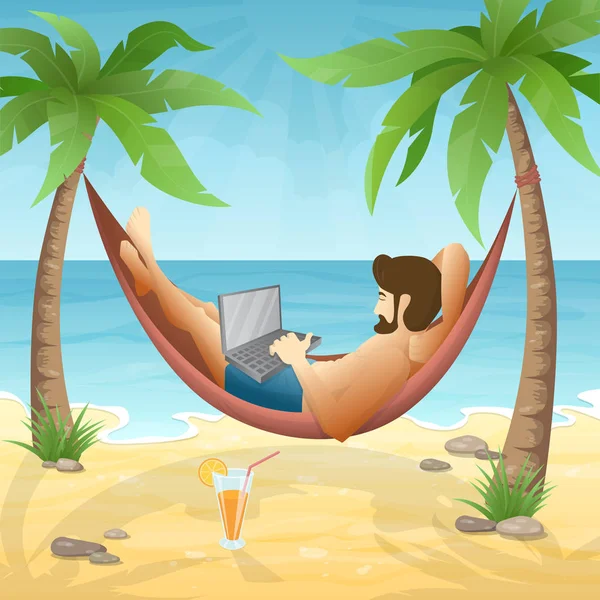 Freelancer en la playa — Vector de stock