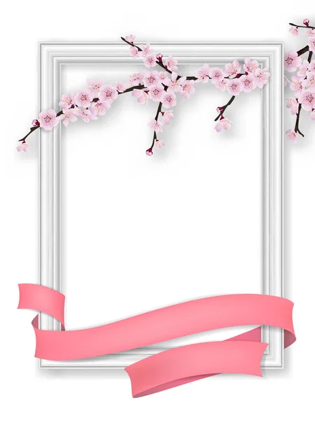 Vintage fotolijst bloeien sakura tak roze lint — Stockvector