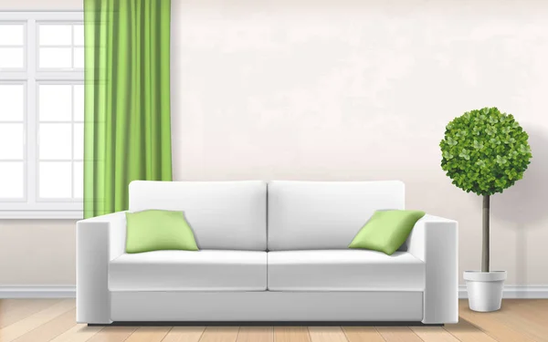 Moderno interior con sofá ventana cortina verde — Vector de stock