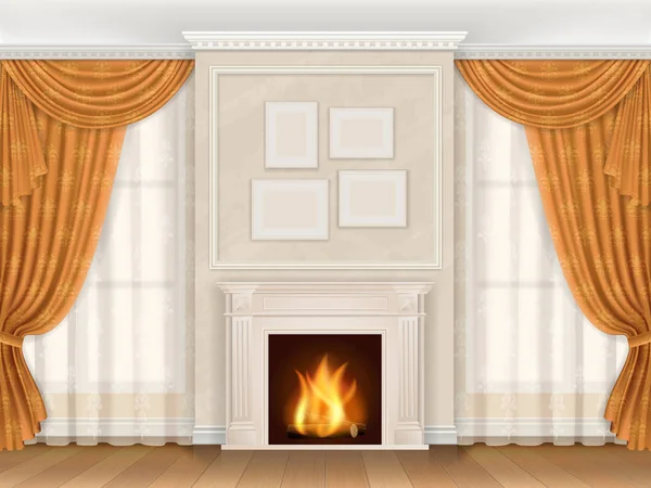 Interior clásico con molduras de fireplase y ventana — Vector de stock
