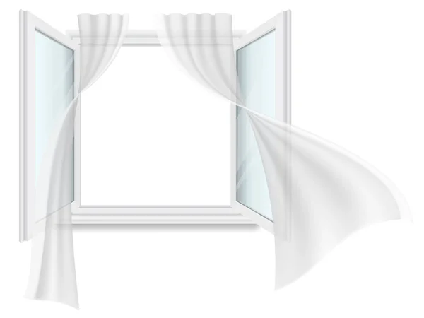 Öppna fönstret och fladdrande gardiner. — Stock vektor