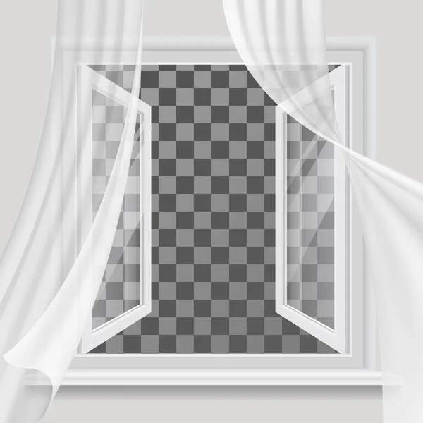 Open venster en wuivende transparant gordijn — Stockvector