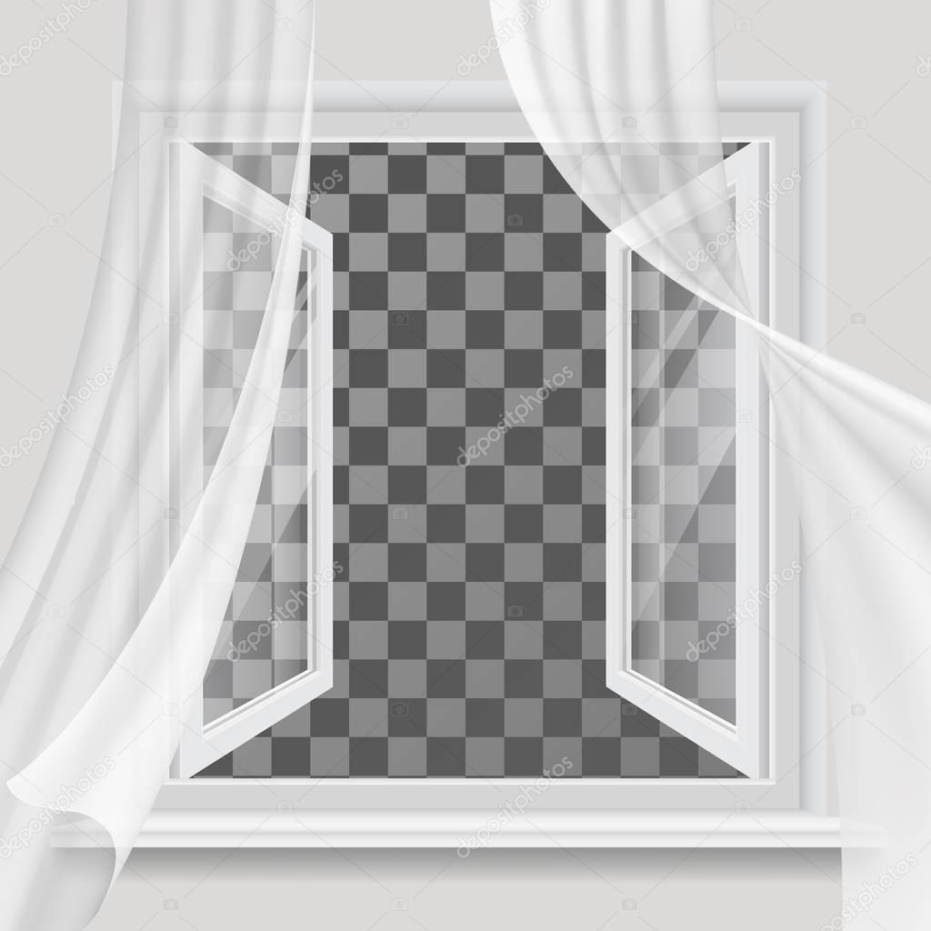 open window and waving transparent curtain