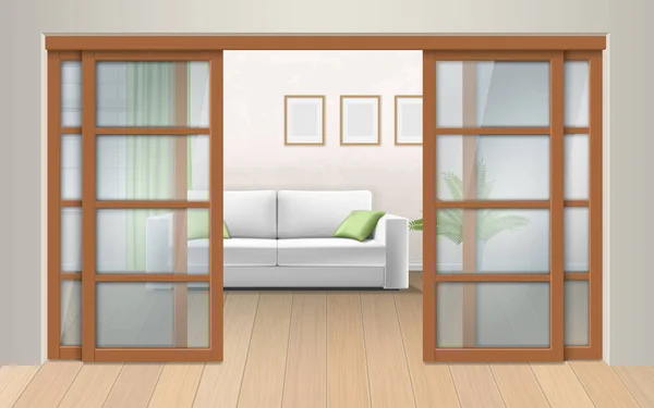 Living room interior with sliding doors. — Stock Vector