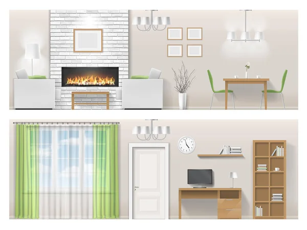 Interior del salón con chimenea, muebles — Vector de stock