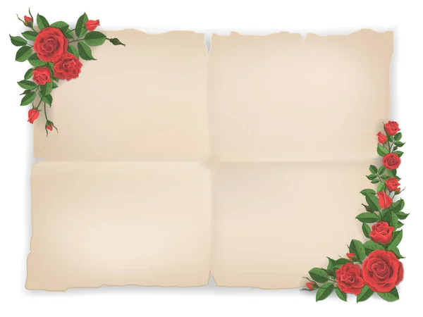 Old paper sheet and red roses — Stock Vector