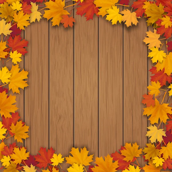 Cadre carré de branches d'érable sur fond en bois — Image vectorielle