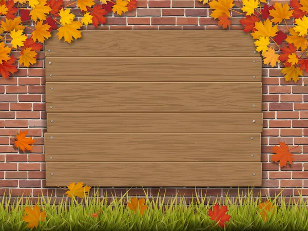 Letrero de madera en la pared de ladrillo ramas de arce otoño hierba y hojas de árboles caídos — Vector de stock