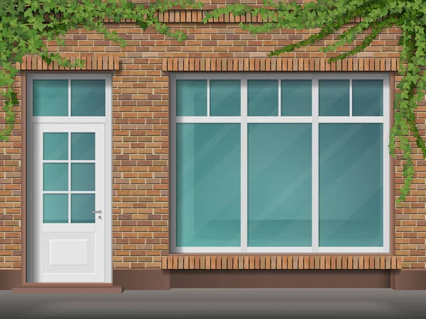 Face de magasin en brique avec grande fenêtre et lierre — Image vectorielle