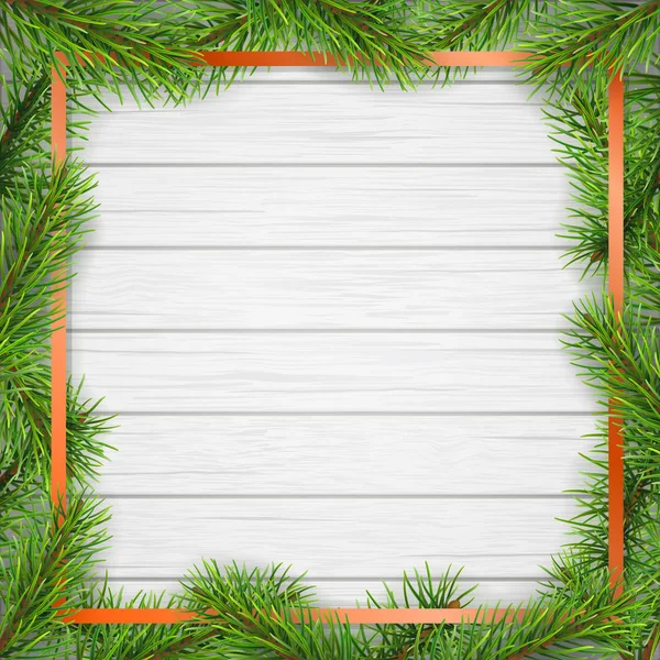 Pine tree branches square frame on white wooden background — Stock Vector