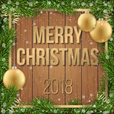 Noel kartı köknar ağacı çerçeve top ahşap arka plan ile