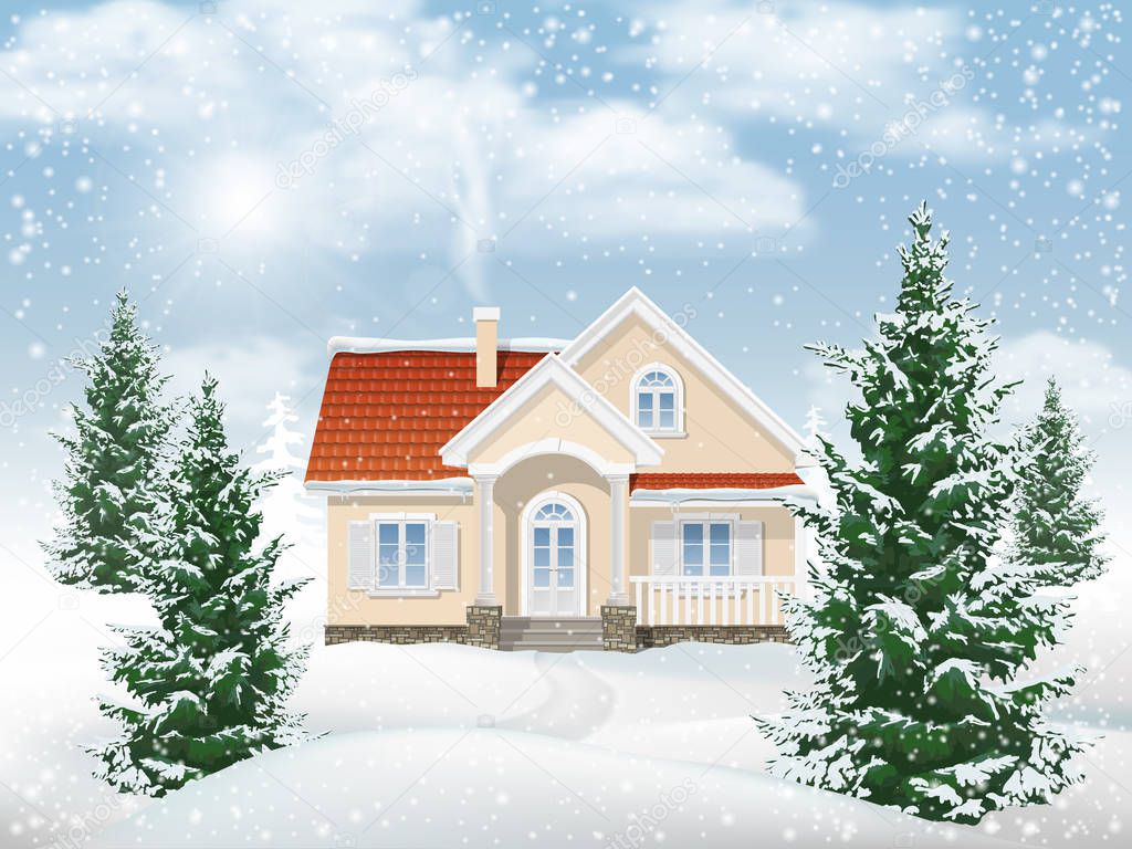 Winter landscape residential building