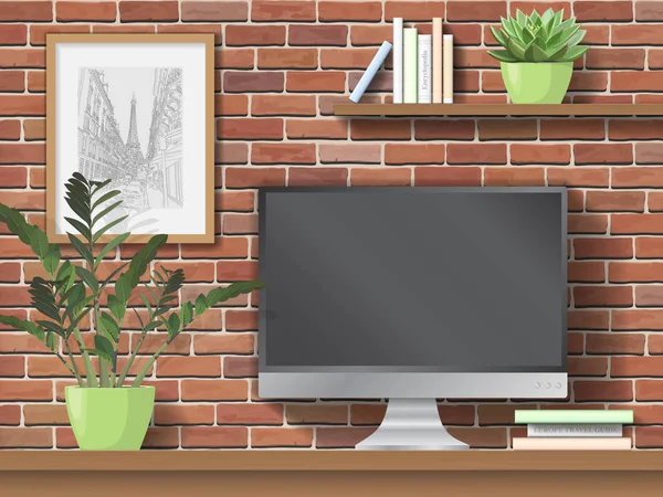 Mesa de trabalho com computador e plantas interiores — Vetor de Stock