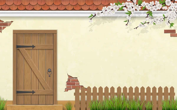 Façade avec vieille porte en bois clôture branche herbe — Image vectorielle