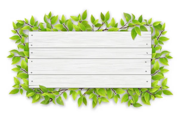 Signo de madera blanco vacío con rama de árbol — Vector de stock