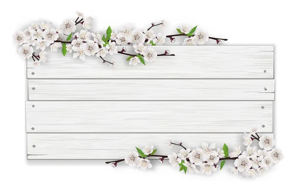 Signo de madera blanco vacío con rama de árbol floreciente — Vector de stock