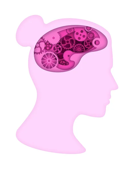 脳歯車とピンクの女性ヘッド シルエット. — ストックベクタ