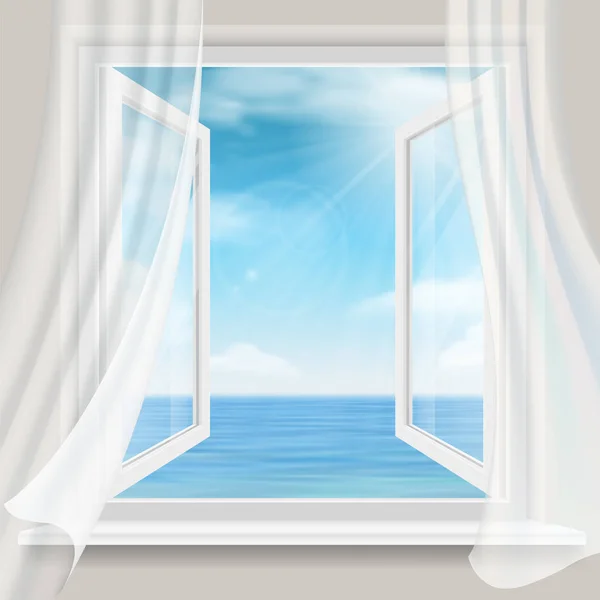Θέα μέσα από ένα παράθυρο με κουρτίνες στη θάλασσα. — Διανυσματικό Αρχείο
