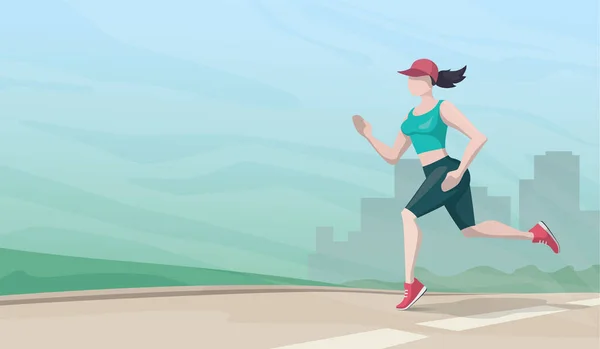 Η γυναίκα που τρέχει στο φόντο του αστικού τοπίου. — Διανυσματικό Αρχείο