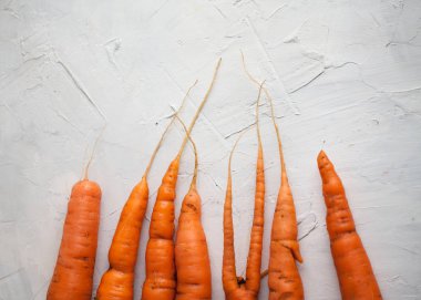 carrots on a concrete light background, different shapes. 