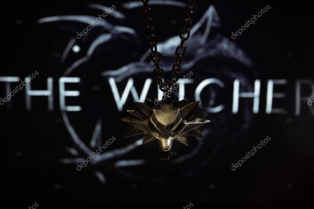 NIZHYN,UKRAINE/21 December 2019: Witcher's medallion in shape of wolf with new Netflix premiere - TV series 
