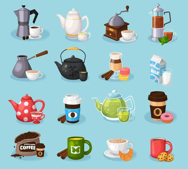 Bunte Vektor Tee und Kaffee Ikonen Set — Stockvektor