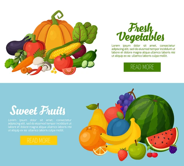 Farbenfrohe Banner mit Obst und Gemüse. — Stockvektor