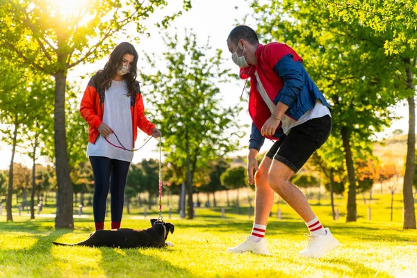 young couple wearing a protective mask is walking alone with a dog outdoors because of the corona virus pandemic covid-19